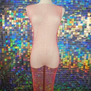 Women's Rhinestone Fishnet Sheer Maxi‎ Dress Cover Up Sparkle Glam